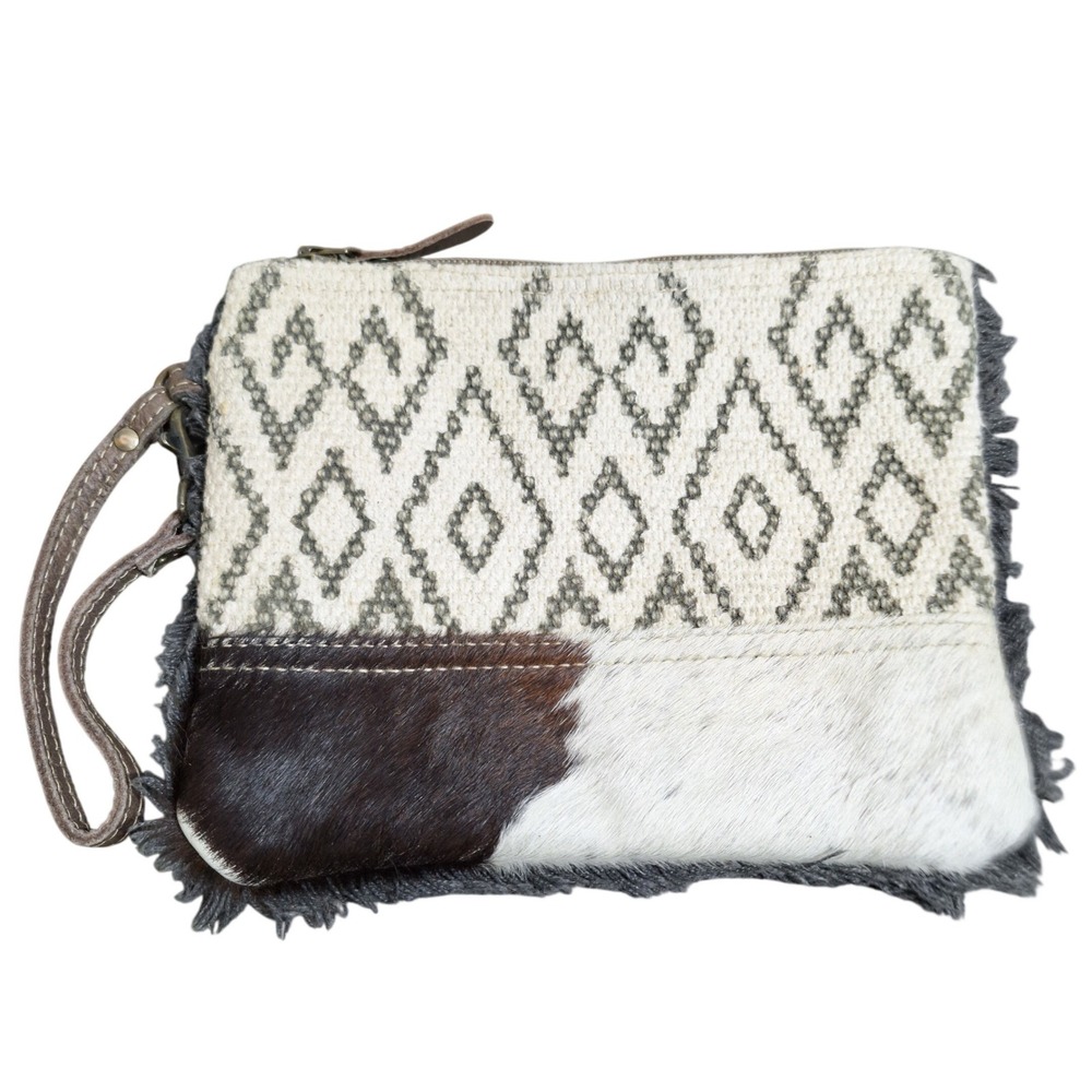 Myra Bag Geometric Canvas and Hair-on-Hide Leather Wristlet Clutch Bag